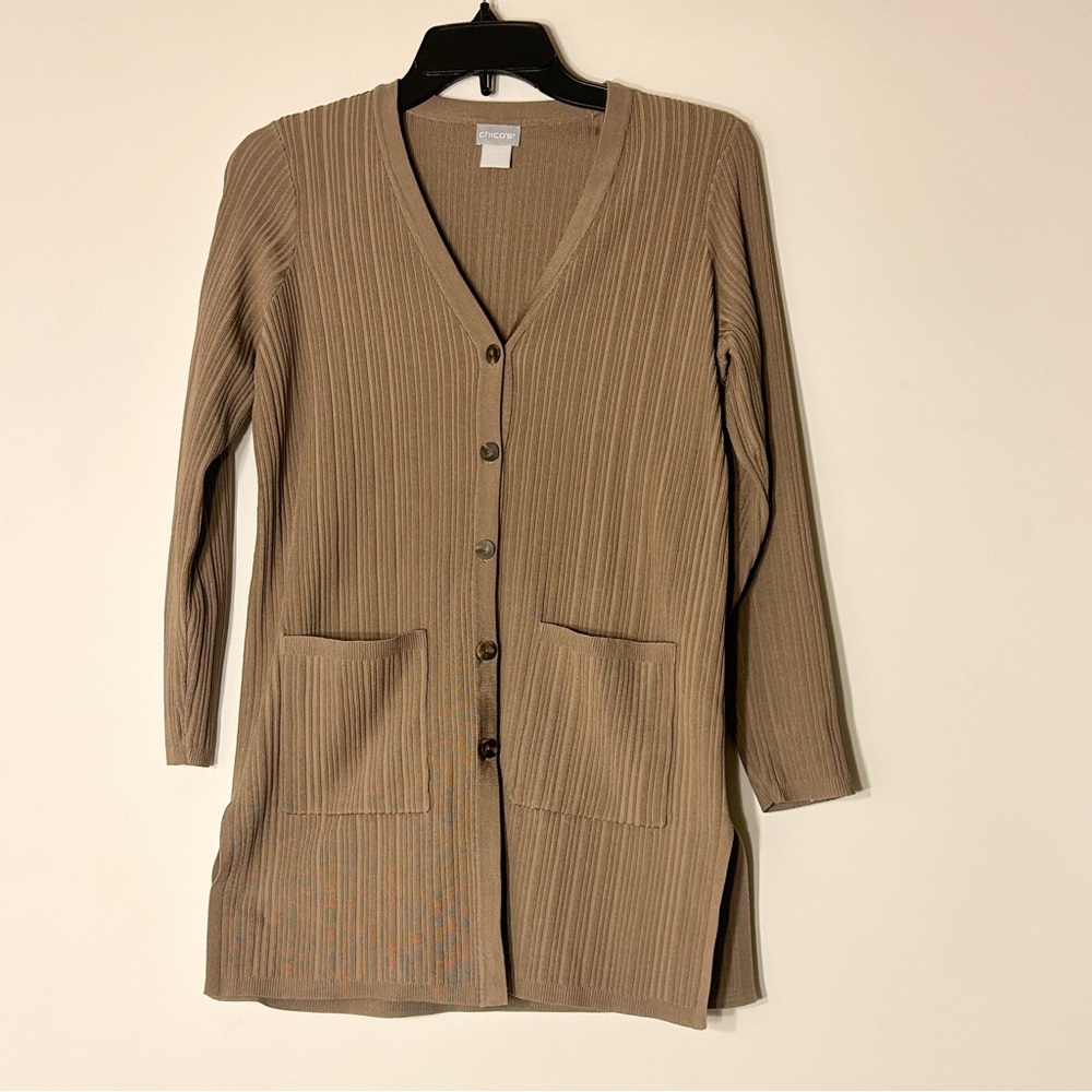 Chico's knit ribbed button front long sleeve beige taupe sweater cardigan - Picture 2 of 6